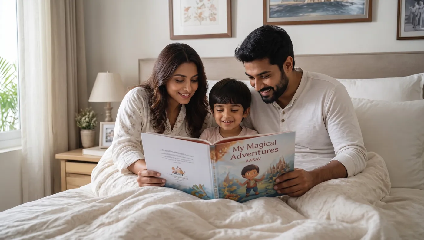 Parents reading a personalised Love Loom Stories book with their smiling child at bedtime, under warm bedside lamp light and soft blankets