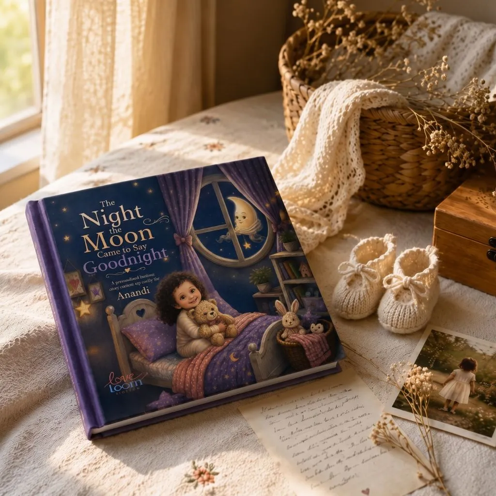 A personalised Love Loom Stories hardcover, The Night the Moon Came to Say Goodnight, resting on soft linen in warm sunlight