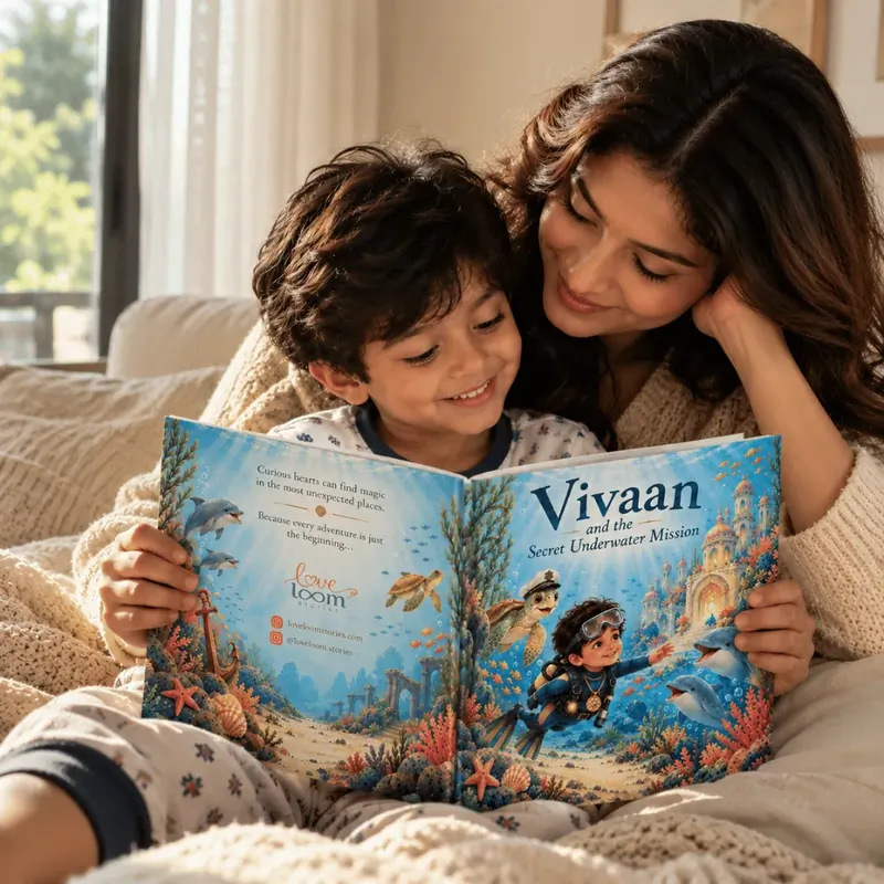 A mother and her son reading the personalised hardcover Vivaan and the Secret Underwater Mission together on the sofa