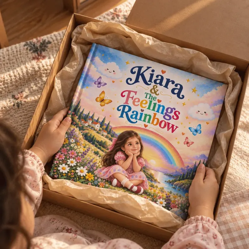A child lifting Kiara and the Feelings Rainbow from its gift box