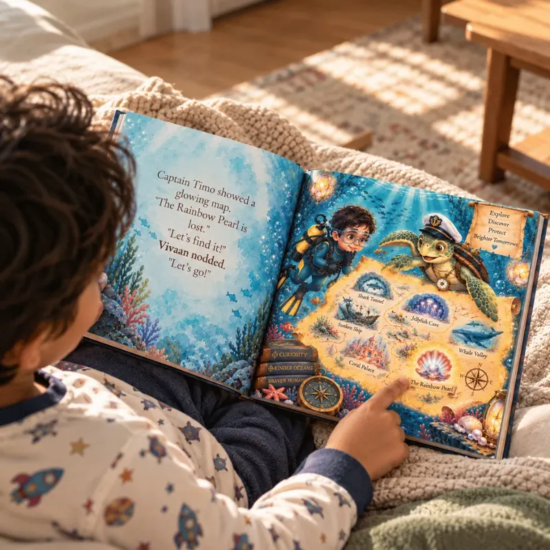 A child in pyjamas pointing at the illustrated underwater map inside his personalised storybook