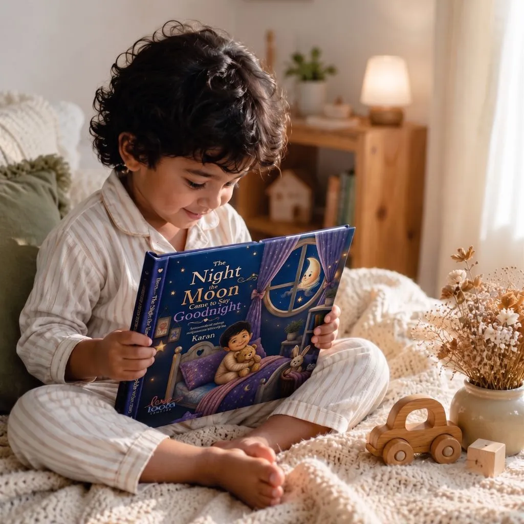 A young child in pyjamas reading his personalised bedtime storybook by lamplight