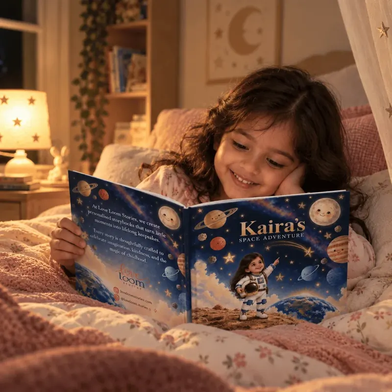 A girl reading her personalised hardcover Kaira's Space Adventure in bed