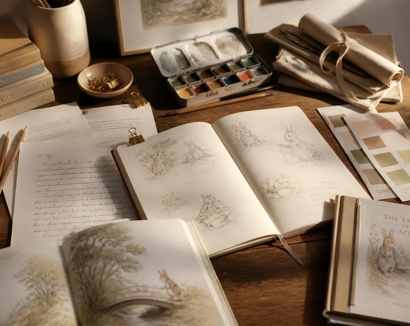 Open sketchbooks with pencil drawings of children's illustrations, colour swatches, story drafts, watercolour paints and a partly illustrated book spread on a wooden desk in warm afternoon light