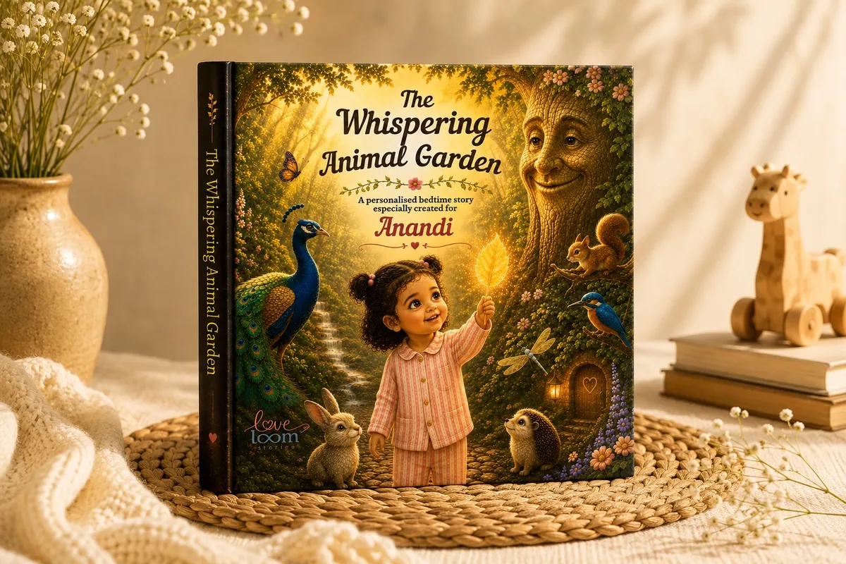A personalised sage-green hardcover storybook opened to a softly illustrated garden spread