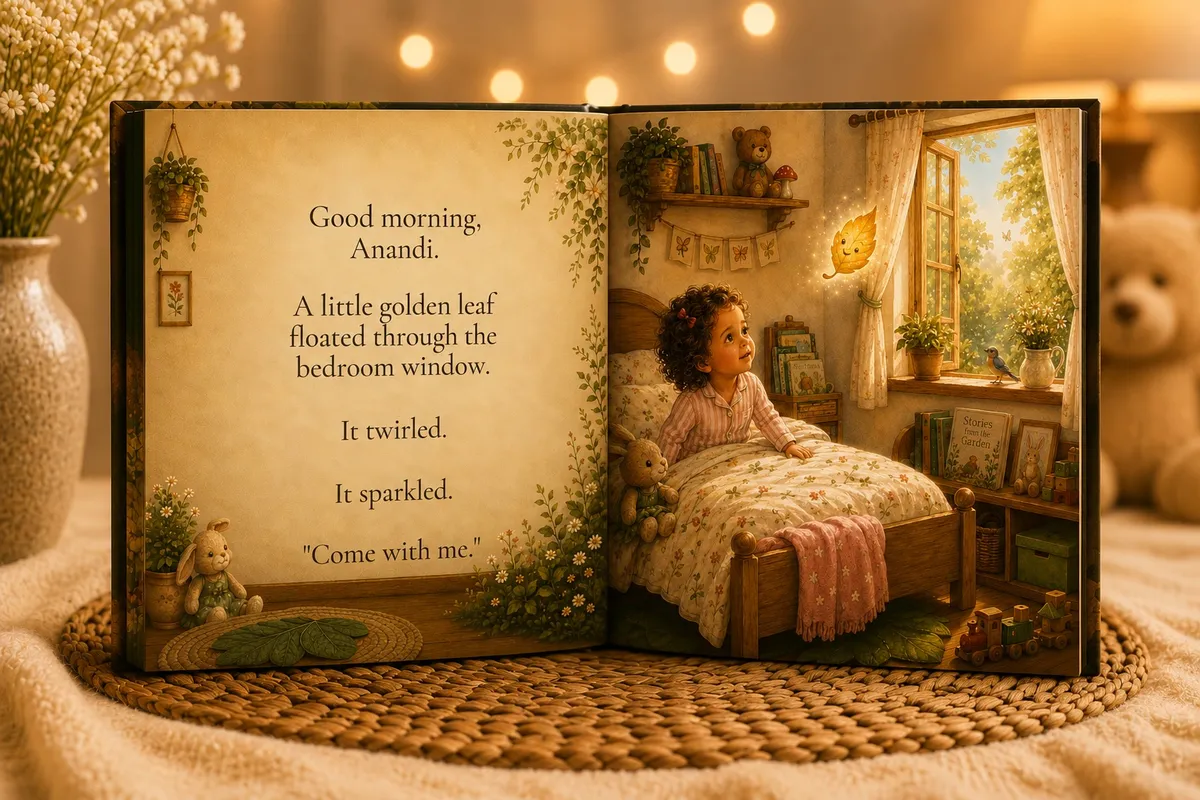 The personalised storybook opened to an illustrated inside spread