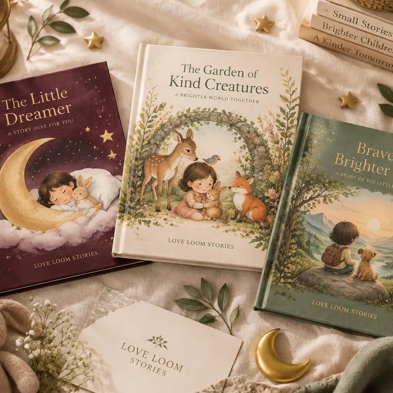 Three Love Loom Stories hardcover books arranged on soft linen with stars and leaves