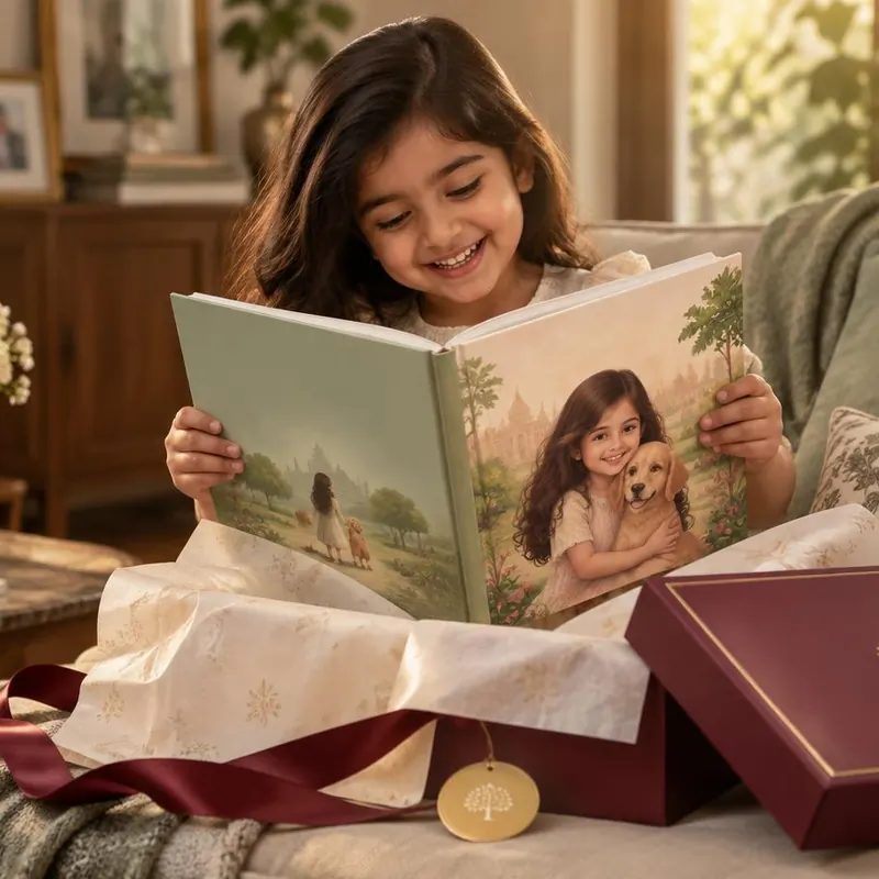 A smiling child reading a hardcover storybook beside premium tissue wrapping and a gift box