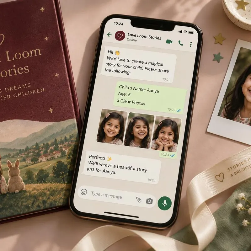 A phone showing child details and three photographs shared in a WhatsApp conversation