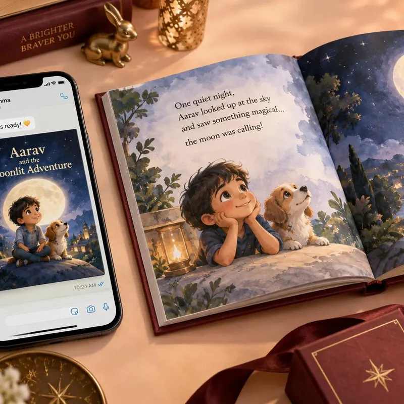 A personalised storybook cover preview on WhatsApp beside its illustrated first spread