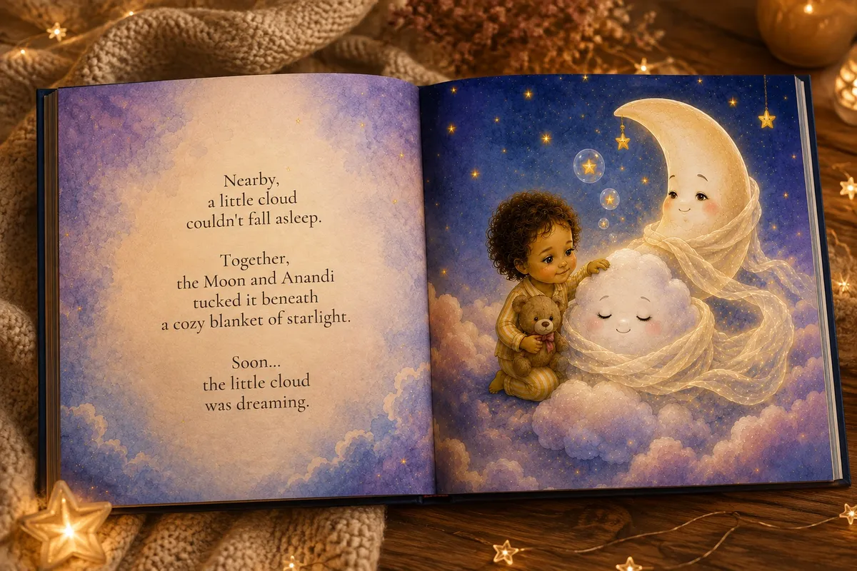 The personalised storybook opened to an illustrated inside spread